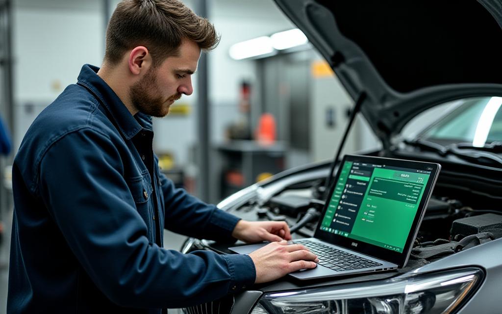 Technician using a laptop connected to car OBD port for ECU remapping