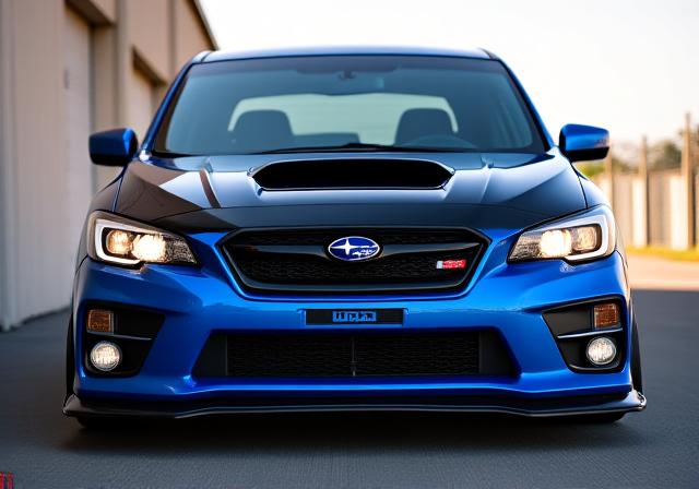 Front view of a modified Subaru WRX with aggressive front spoiler
